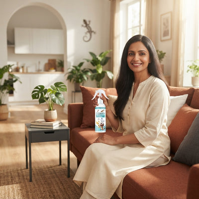 A woman smiling confidently while holding a bottle of lizard repellent in a bright, modern living room with burnt sienna acce